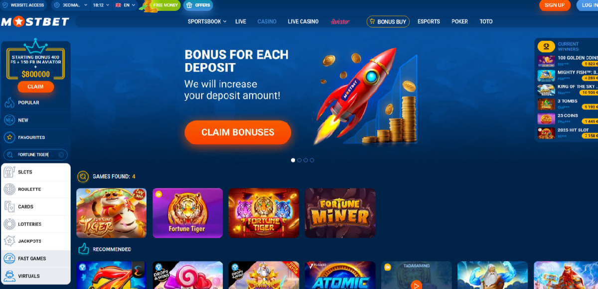 Fortune Tiger Mostbet game interface on the casino page