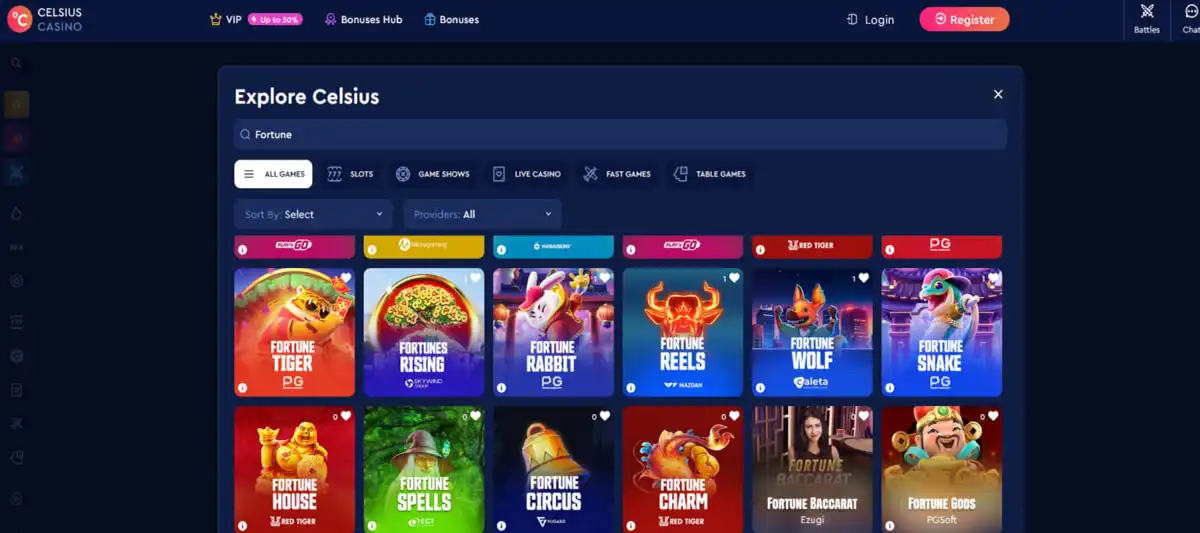 Fortune Tiger slot interface at Celsius casino homepage
