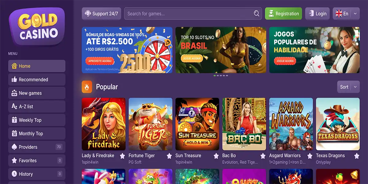Homepage of Gold Casino with Fortune Tiger slot highlighted among popular games Homepage of Gold Casino with Fortune Tiger slot highlighted among popular games