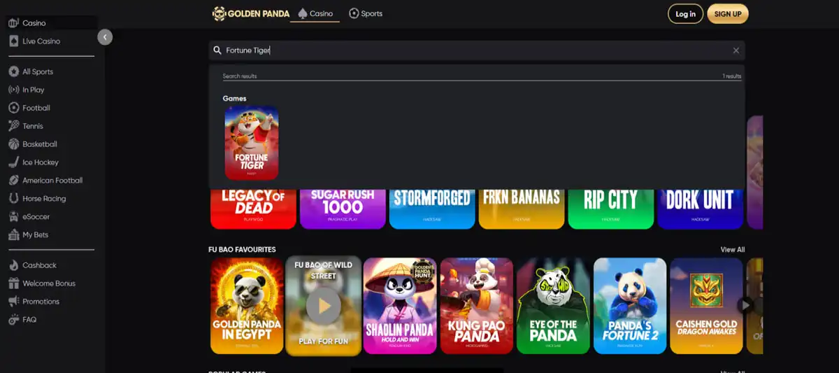 Game search results showing Fortune Tiger on the Golden Panda casino website