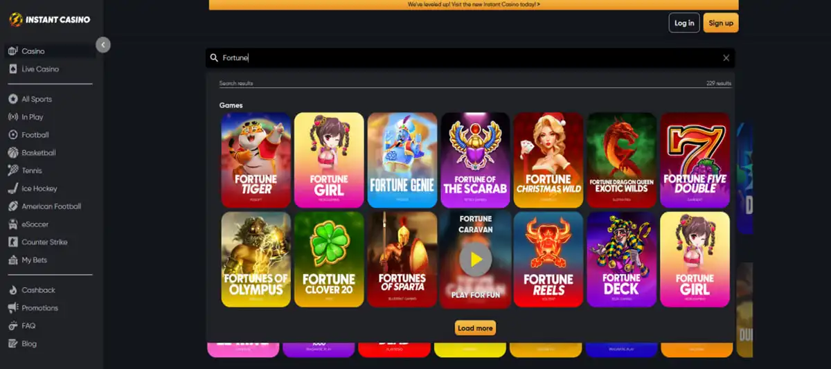 Search result showing Fortune Tiger slot on Instant casino homepage