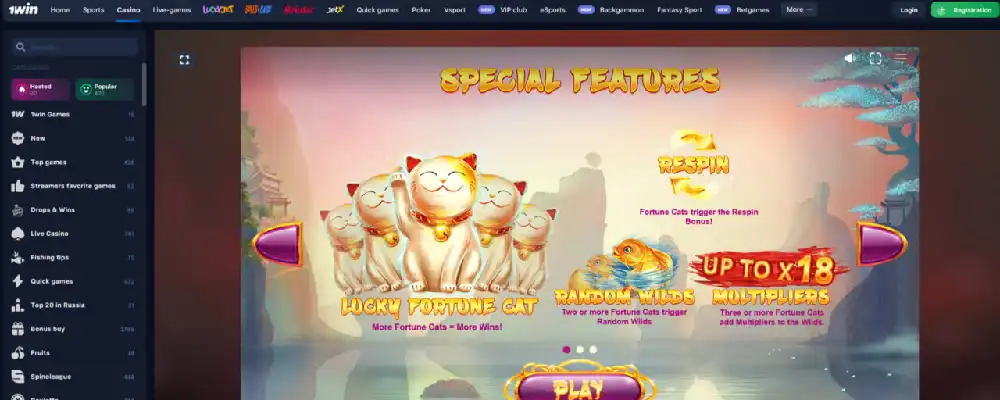 Lucky Fortune Cat characteristics including RTP, volatility and max win